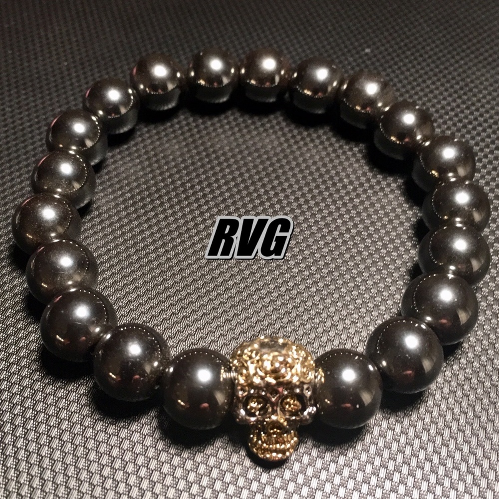 10mm Hematite Bead Bracelet Day of the Dead Skull